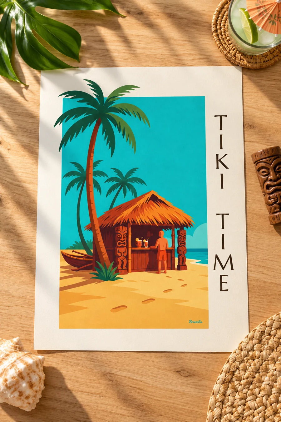 Tropical tiki beach bar and palm trees poster: small A4 size, framed