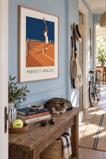 Poster of a tennis player in geometric lines on a clay court: framed on the wall