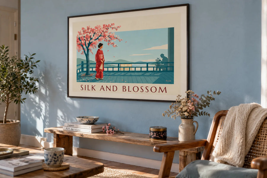 Poster of a Japanese woman in a red kimono under a cherry tree in bloom: framed on the wall