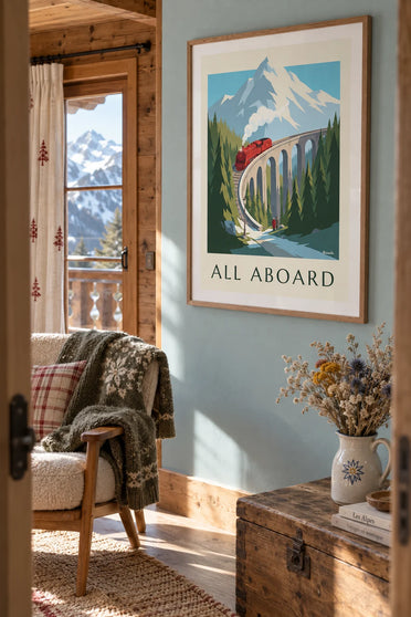 Poster of a red steam train on a mountain viaduct: framed on the wall