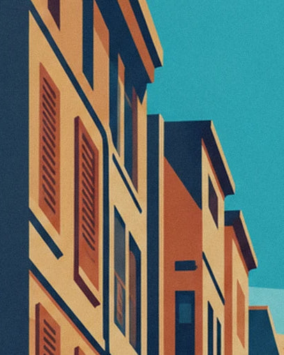 The ochre façades with red shutters and dark cornices beneath the turquoise sky