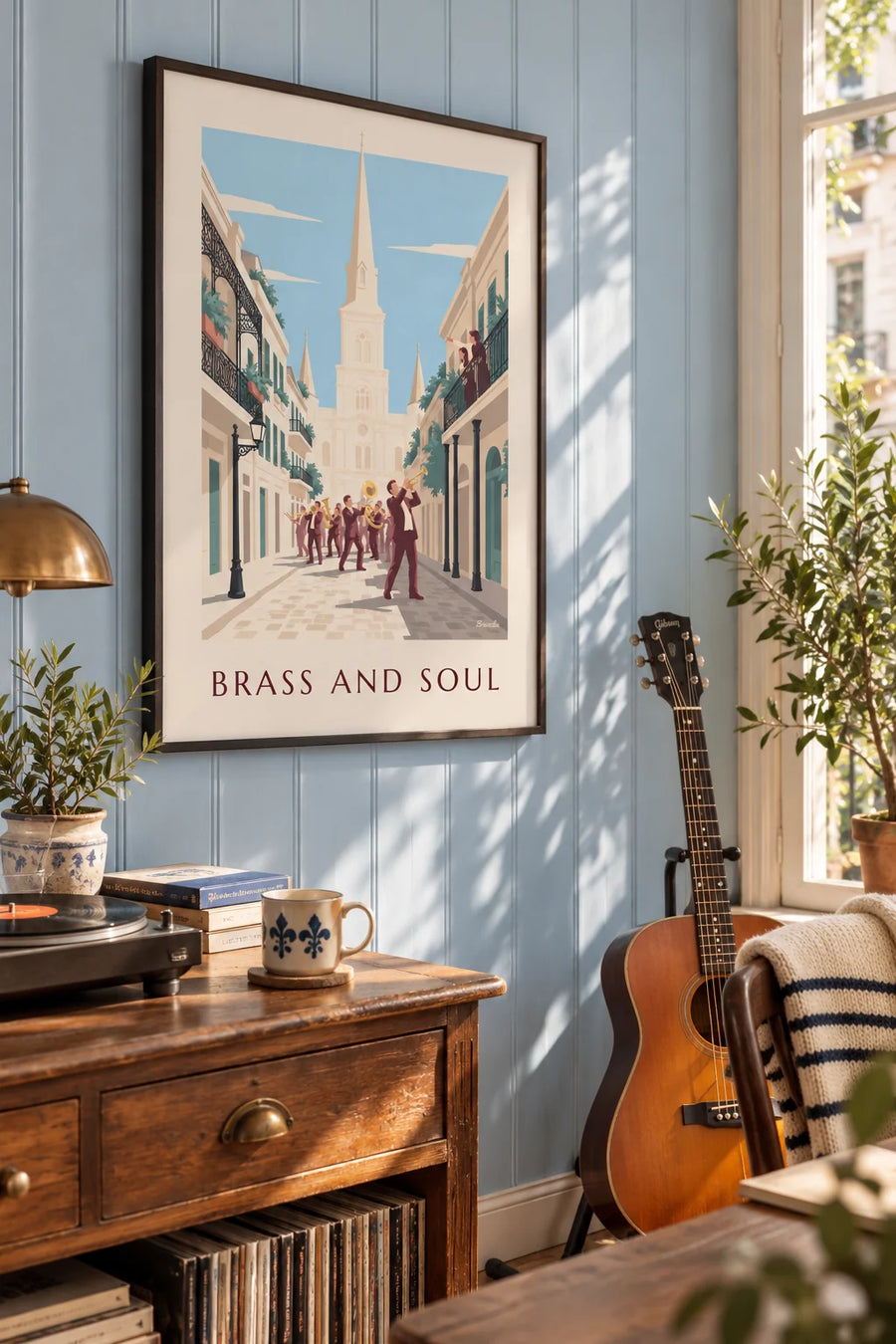 Poster of a jazz brass band in the French Quarter of New Orleans: framed on the wall