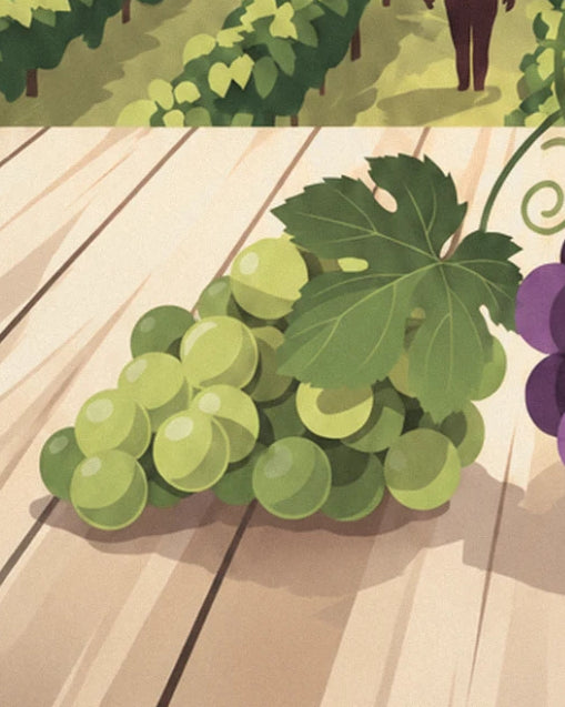 A bunch of white grapes and a vine leaf resting on the pale wooden table