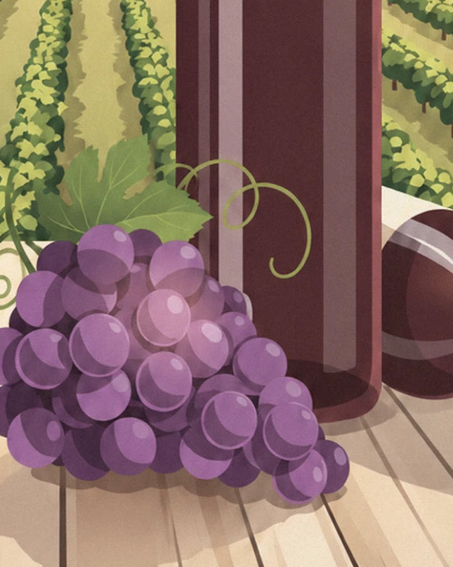 A bunch of black grapes in front of a bottle of red wine, beside the vines
