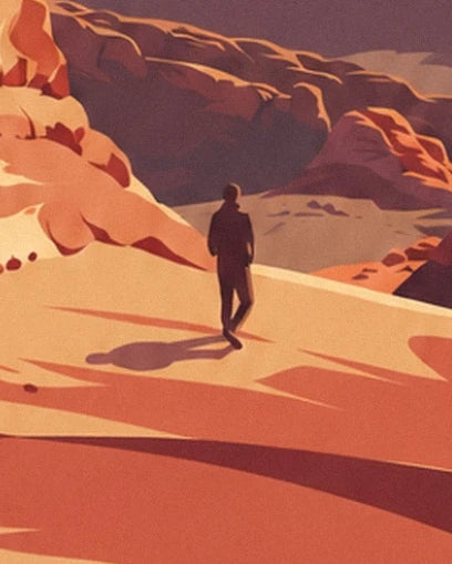 A lone walker on the orange sand among the red rocks of Utah