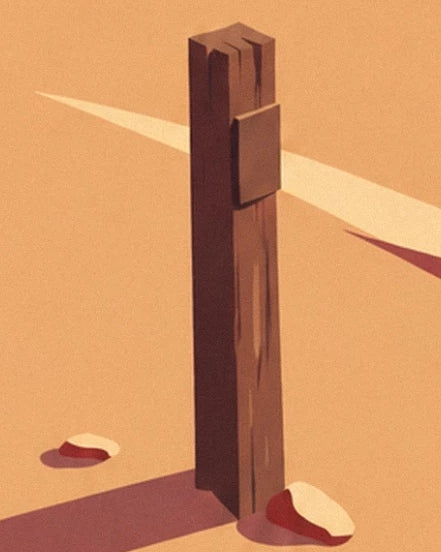 A brown post in the orange sand, between 2 stones and a long shadow