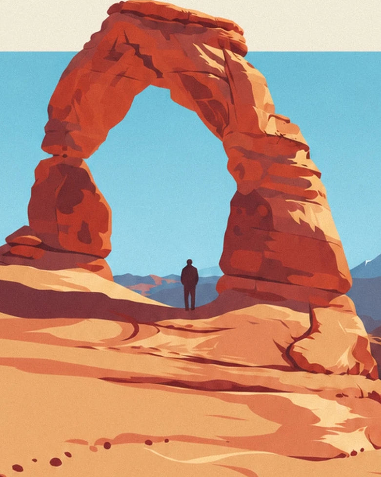 The red sandstone arch of Delicate Arch and a figure beneath the blue sky