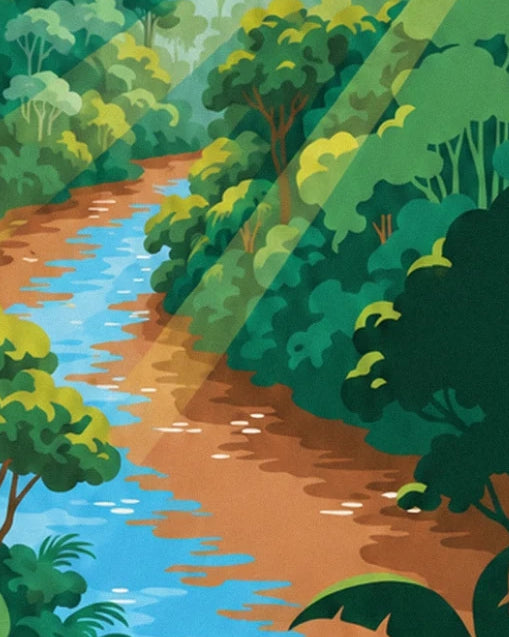 La rivière brune et bleue qui serpente entre les arbres, avec des rais de lumière