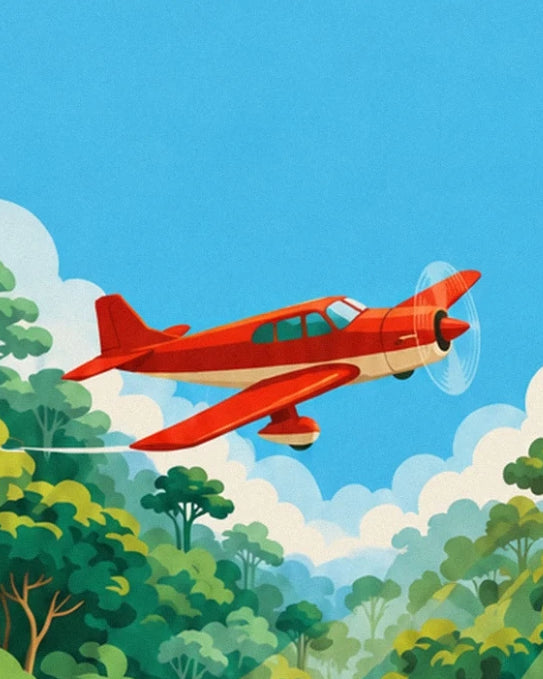 L'avion rouge à hélice dans le ciel bleu, au-dessus des nuages et de la canopée
