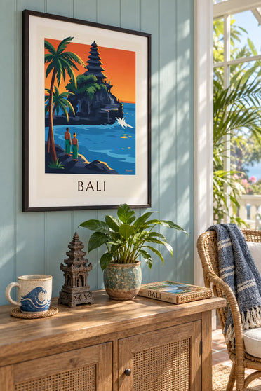 Affiche temple de Tanah Lot à Bali au coucher du soleil : encadrée au mur