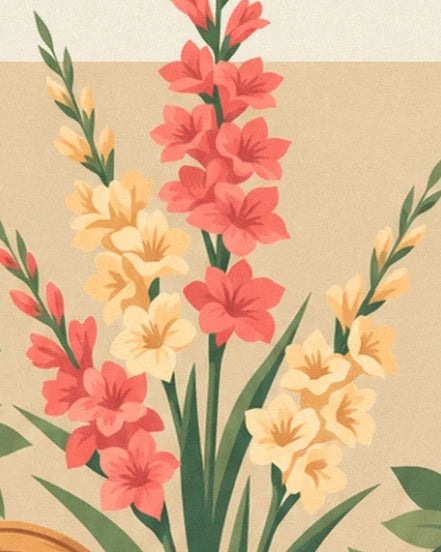 Coral and pale yellow gladioli with long green leaves against a beige background