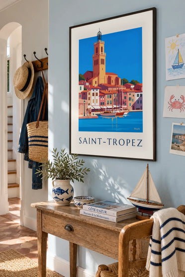 Sailboats moored in Saint-Tropez Old Port poster : framed on the wall