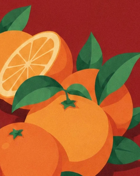 A cluster of oranges with green leaves and an orange half in the background