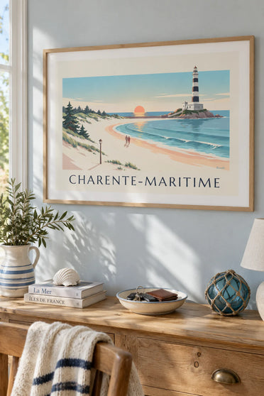 Affiche phare de Chassiron sur l'île d'Oléron au soleil couchant : encadrée au mur
