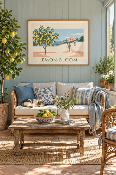 Affiche citrons sur la branche dans un cadre de motifs floraux : encadrée au mur