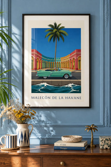 Poster of a mint green convertible on the Malecón in Havana: framed on the wall