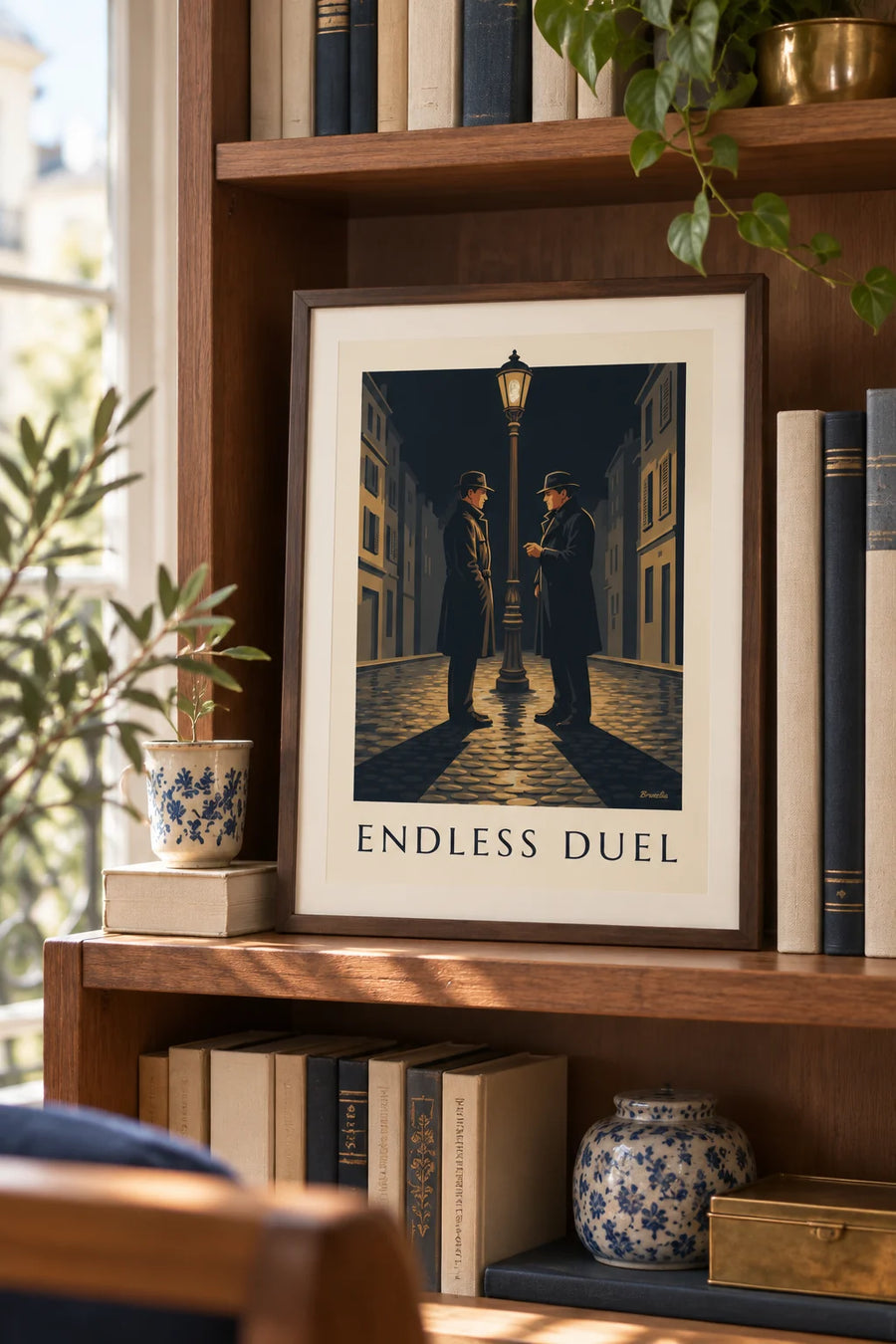 Affiche duel de film noir sous un réverbère, nuit de pluie : petit format A4 encadré