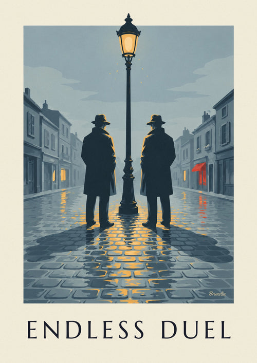 Film noir duel poster under a streetlamp on a rainy night: the full poster