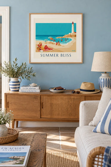 Poster of a woman in a polka dot swimsuit on a busy beach: framed on the wall