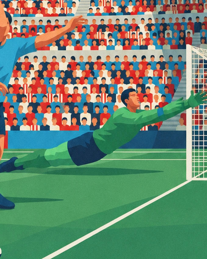 The goalkeeper in green diving towards the net in front of the packed stands