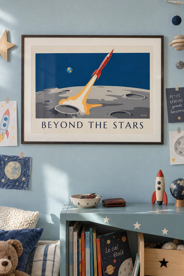 Poster of a rocket orbiting the Moon with Earth in the distance: framed on the wall
