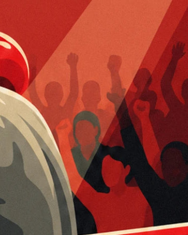Le public en silhouettes, poings levés dans le faisceau de lumière rouge au-dessus du ring