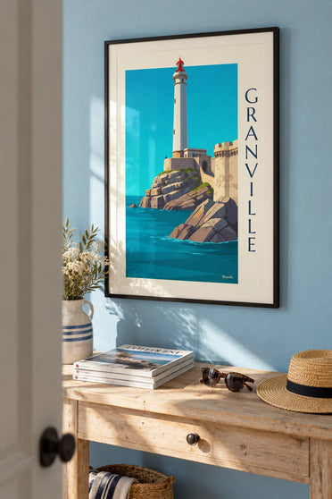Affiche phare blanc à lanterne rouge sur les rochers de Granville : encadrée au mur
