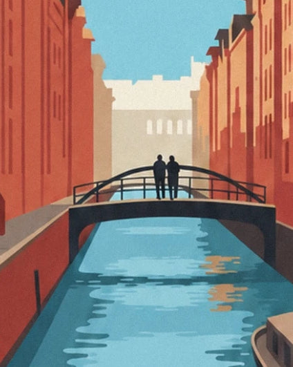 Les 2 silhouettes sur un pont arqué entre les entrepôts rouges de la Speicherstadt