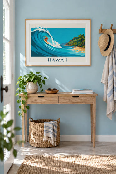 Hawaii poster with a surfer and a turquoise tropical wave: framed on the wall
