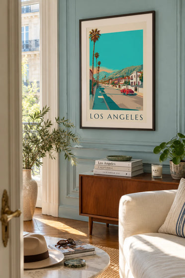 Poster of a convertible under the palm trees of Los Angeles: framed on the wall