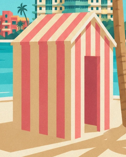 The pink and cream striped beach hut with its open door facing the sea