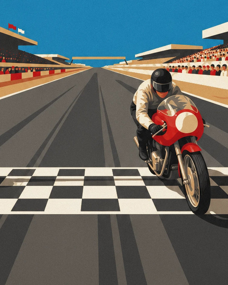 Motorcycle crossing the finish line under the checkered flag poster: close-up detail