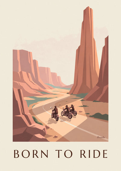 Affiche 3 motards en custom sur une route de canyon : l'affiche entière