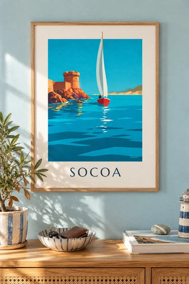 Affiche voilier devant le fort de Socoa à Saint-Jean-de-Luz : encadrée au mur