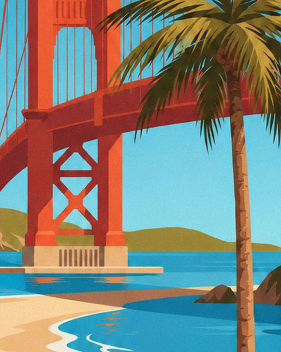 The palm tree and the arch of the Golden Gate above the blue bay, with green hills behind