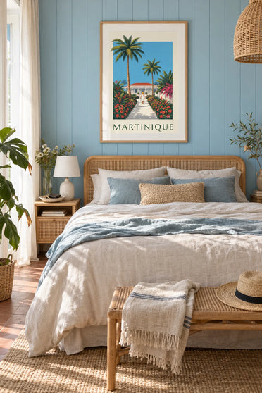 Poster of a palm-lined avenue and a Creole house in Martinique: framed on the wall