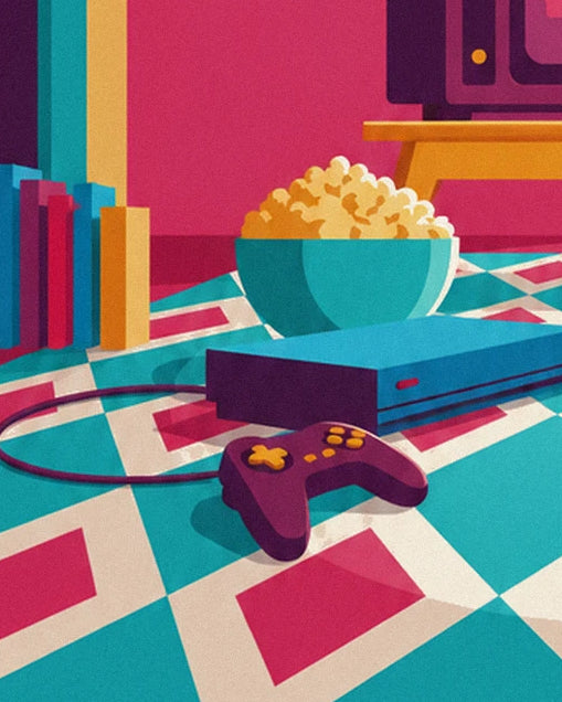 The blue games console and its purple controller, in front of a bowl of popcorn and some books