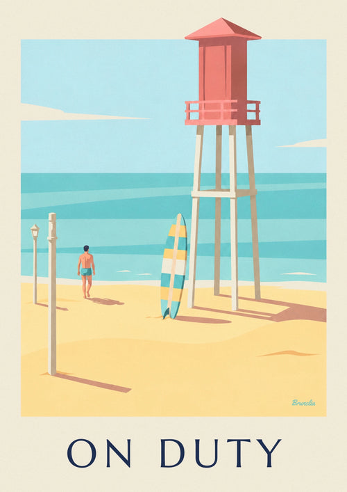 Surfboard and lifeguard tower on the beach poster: the full poster
