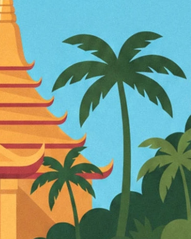 Green palm trees beside the golden roofs and upturned tips of a Thai pagoda