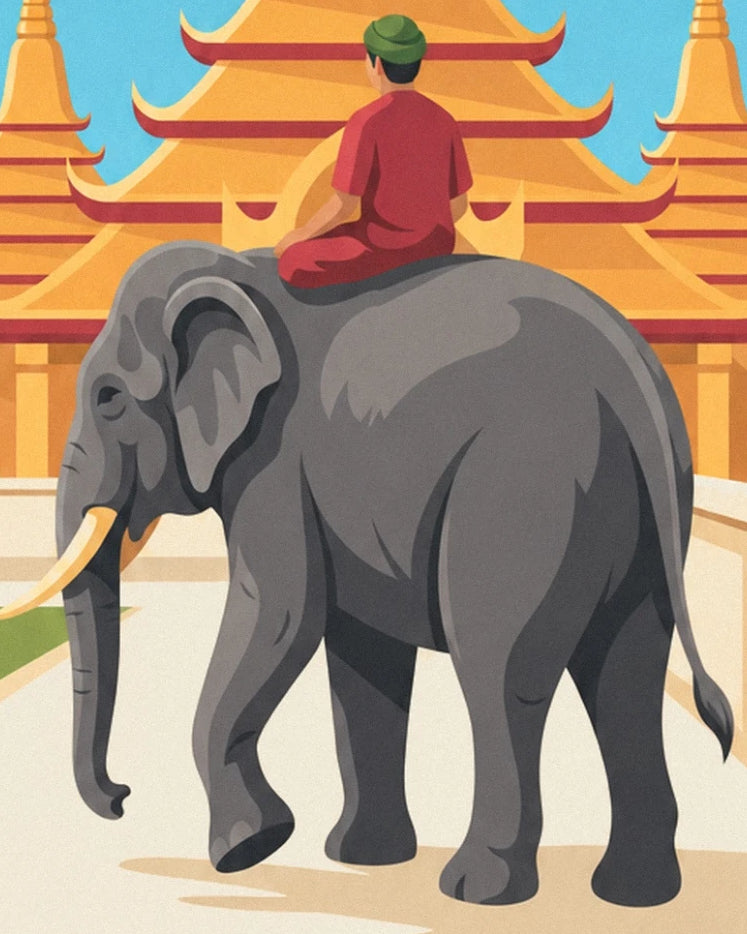 A grey elephant and its rider in red in front of the golden pagodas of Thaïlande