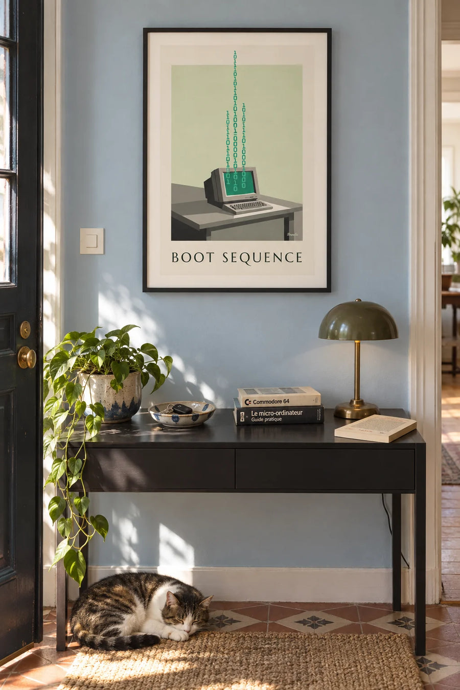 Affiche ordinateur à écran monochrome et code binaire : encadrée au mur