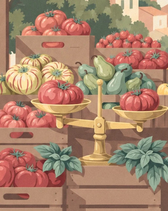 Les tomates côtelées rouges et rayées, les poires vertes et la balance dorée sur l’étal