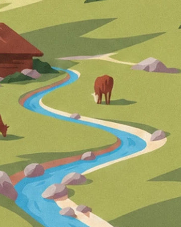 The blue stream winding between the rocks and the cows’ pastures