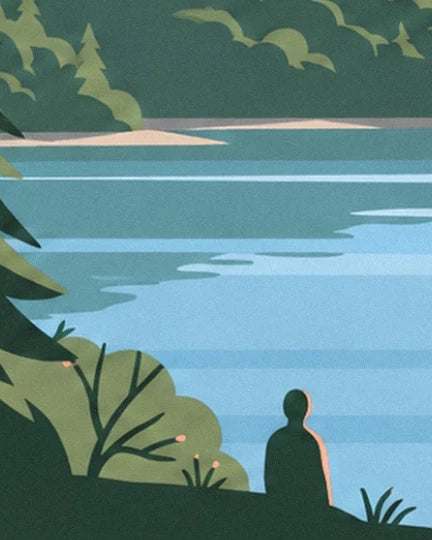 Une silhouette au bord de l’eau bleue, entre les branches et les feuillages verts