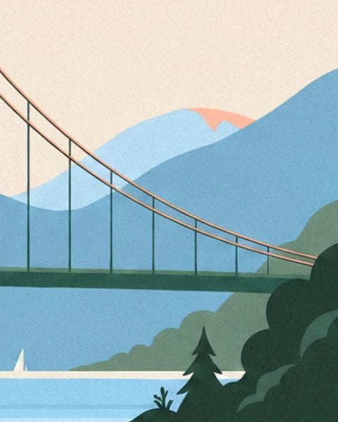 Les câbles du pont Lions Gate devant les montagnes bleues et les sapins