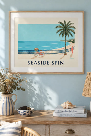 Poster of a bicycle with a flower basket on a seaside promenade: framed on the wall