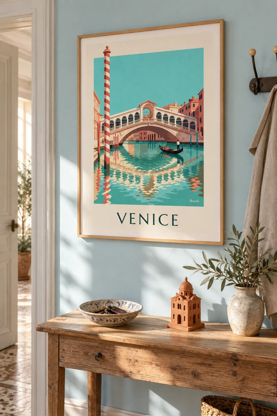 Rialto Bridge and gondola on Venice’s Grand Canal poster: framed on the wall