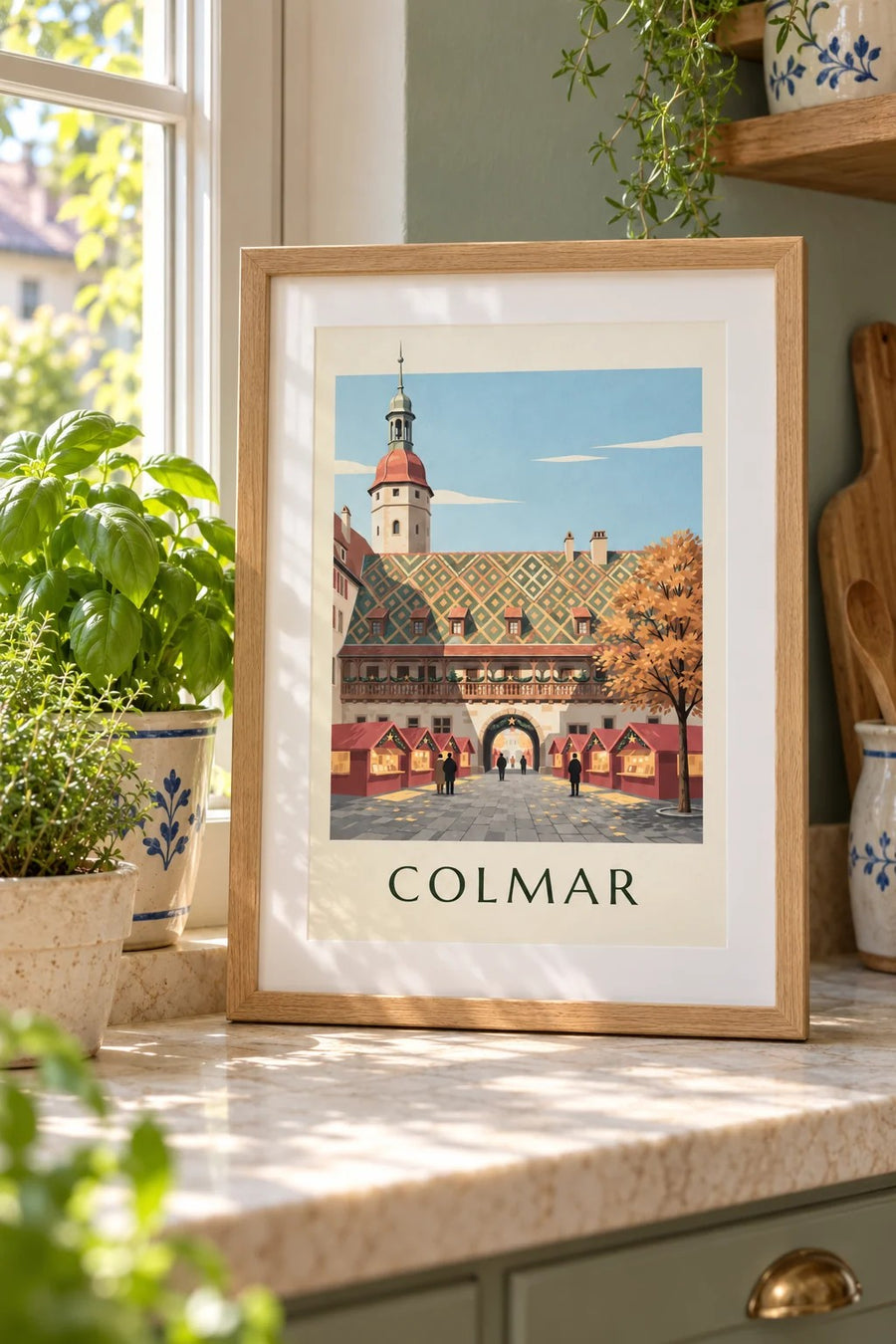 Colmar Christmas market at the Koïfhus print : small A4 size, framed