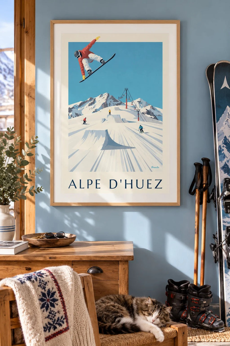 Affiche Alpe d'Huez, skieurs et snowboardeurs : encadrée au mur