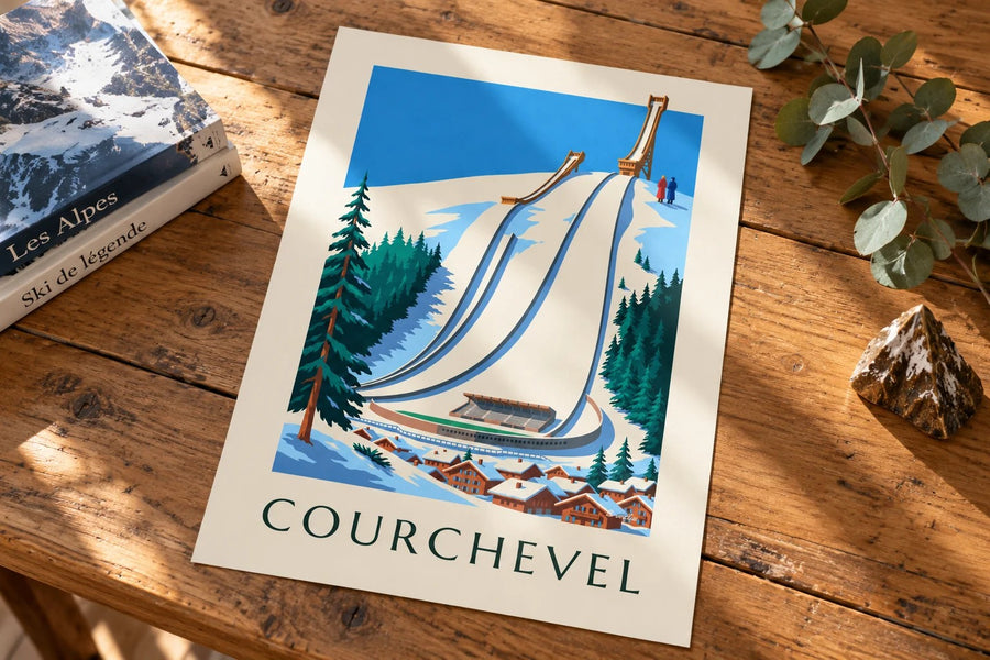 Affiche Courchevel, les tremplins du Praz sous la neige : posée sur une table